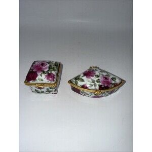Vintage Floral Porcelain Trinket Box Set Of 2 Fan & Square